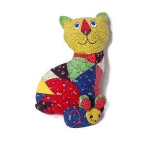 Handmade Cat and Mouse Crazy Patchwork Stuffed Doll Pillow 16"  2852